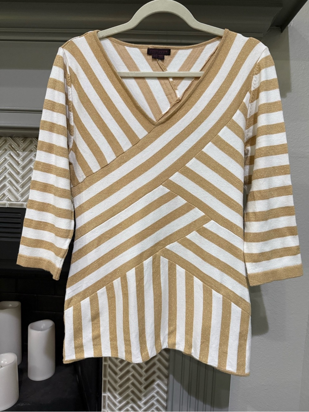 Women's Gold & White Striped V‑Neck Knit Top